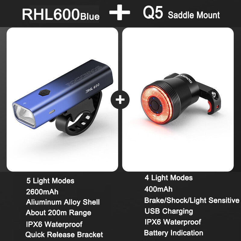 High Brightness Bike Front & Rear Light Set USB-C LED Headlight 1500LM