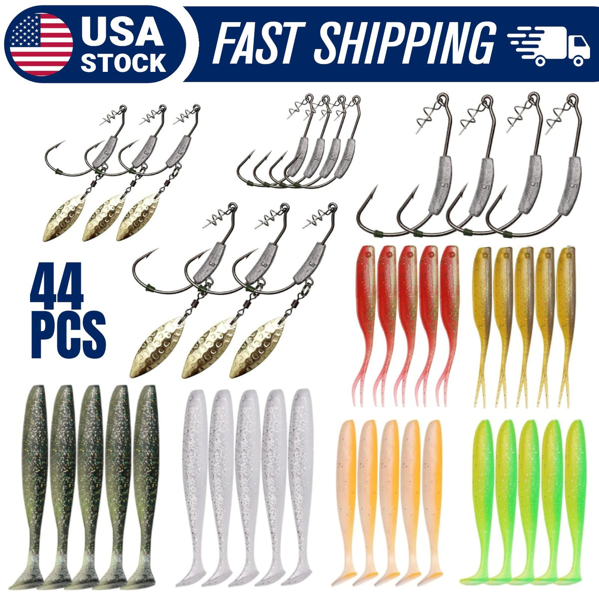 Weighted Swimbait Hooks & Soft Lures Set for Bass & Saltwater Fishing - 44PCS