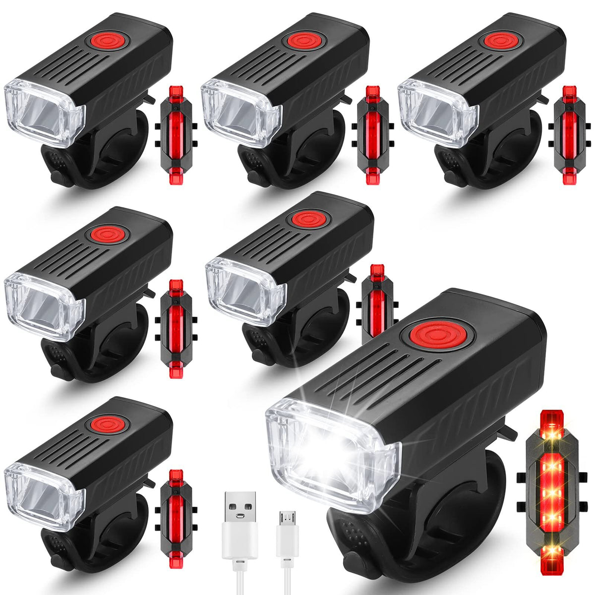 6 Sets Bicycle Front and Rear Lights Waterproof USB Rechargeable for Night Riding