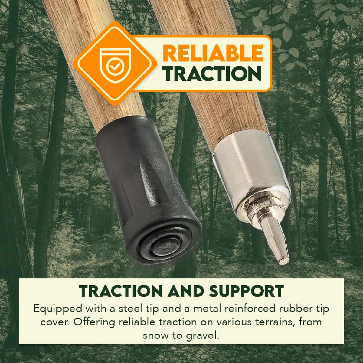 Heavy Duty Wooden Walking Stick 60 Inches with Steel Spike & Rubber Tip for Hiking Camping