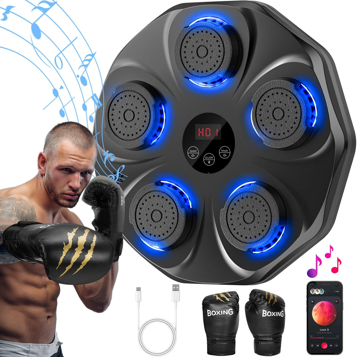 Interactive Music Boxing Machine with LED Display and Gloves - Home Fitness Equipment