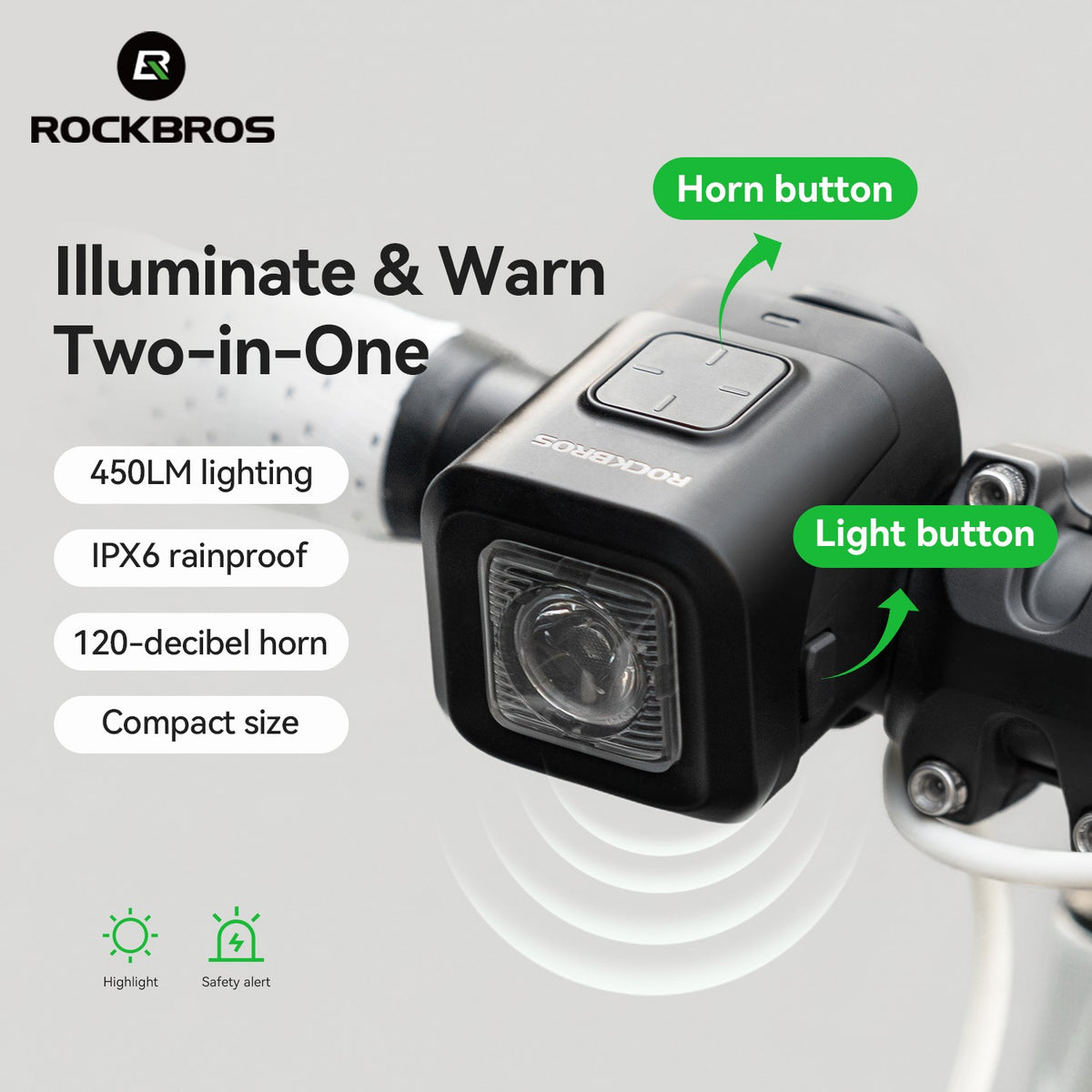 Bike Horn and Light 2-in-1 Waterproof 120dB Horn & 450LM Front Light