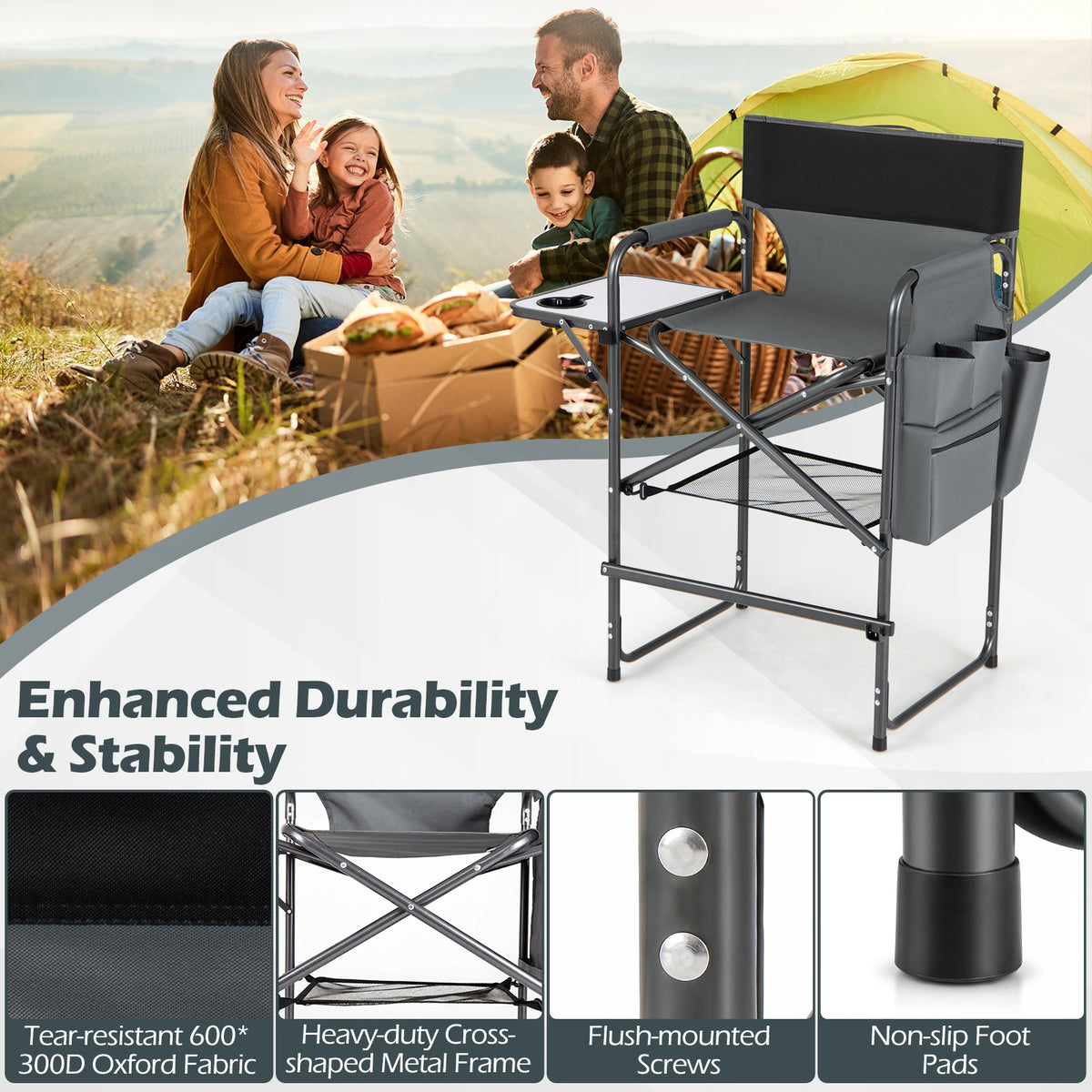 26-Inch Folding Director Chair with Side Table and Cup Holders – Portable Makeup & Styling Chair