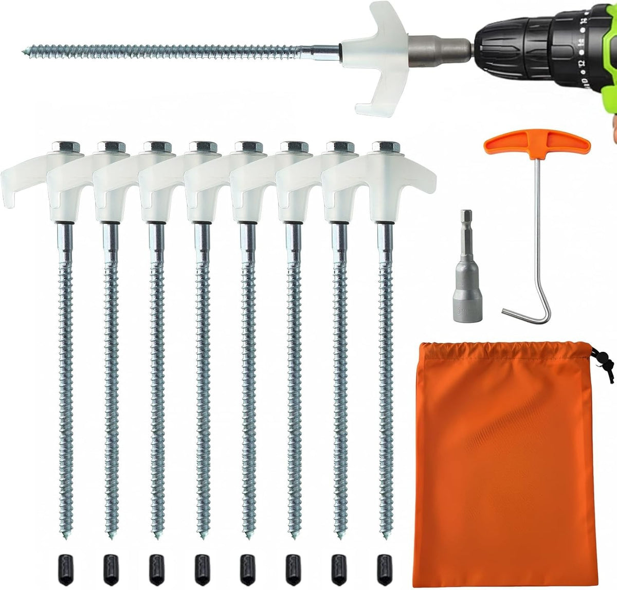Heavy Duty Screw-In Tent Stakes Set with Magnetic Drill Adapter - 8 Inch Ground Anchors