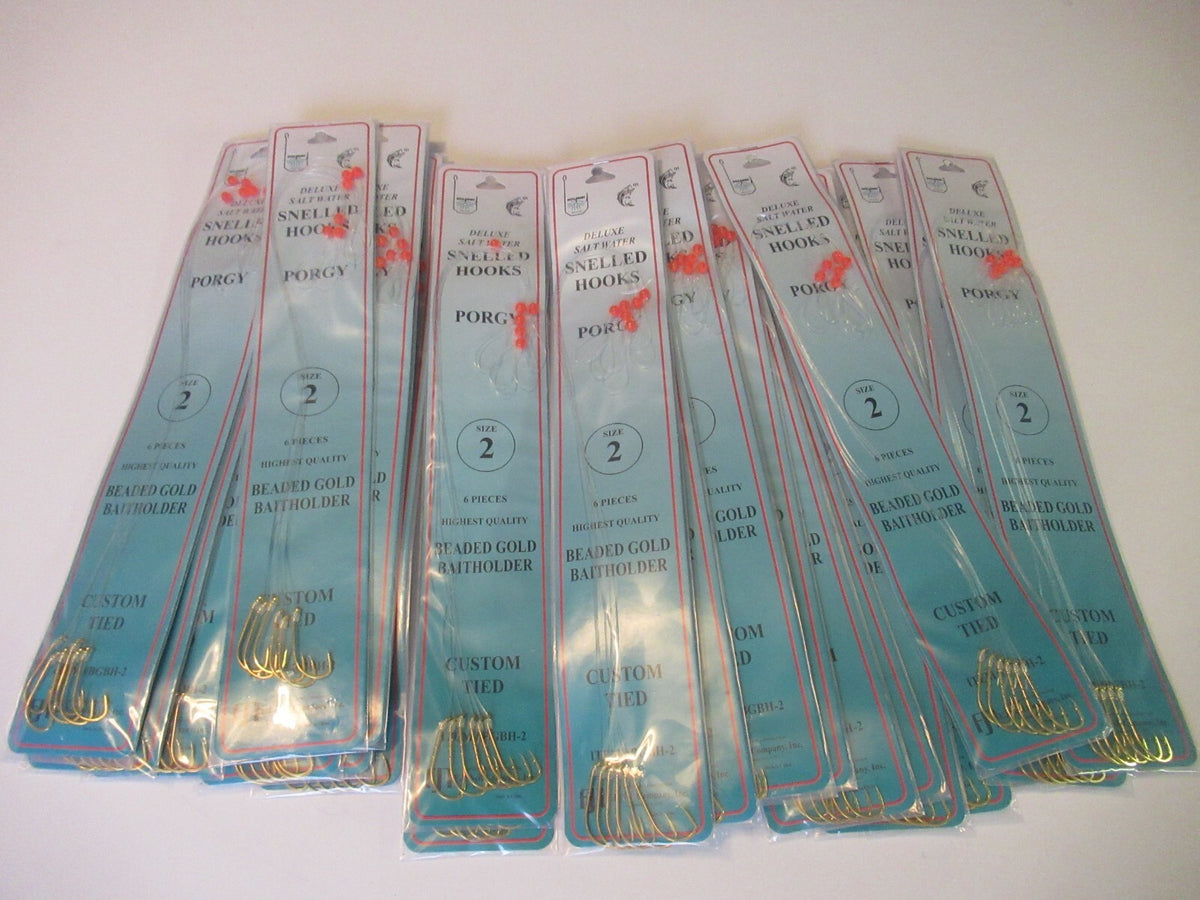 144 Beaded Gold Fish Hook Rigs for Porgy & Sea Bass Fishing - Multiple Sizes