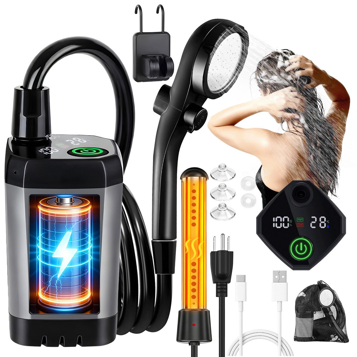 Portable Camping Shower with Water Heater and Rechargeable Pump - Outdoor Shower Set