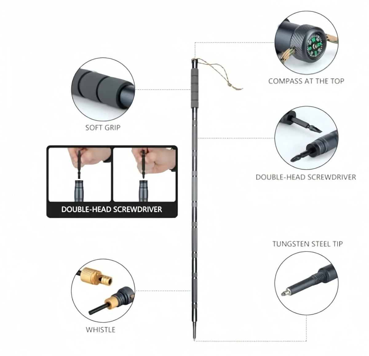 Multi-Function Tactical Hiking Stick with Compass, Saw, and Fire Tool - Aluminum Alloy Extendable Pole