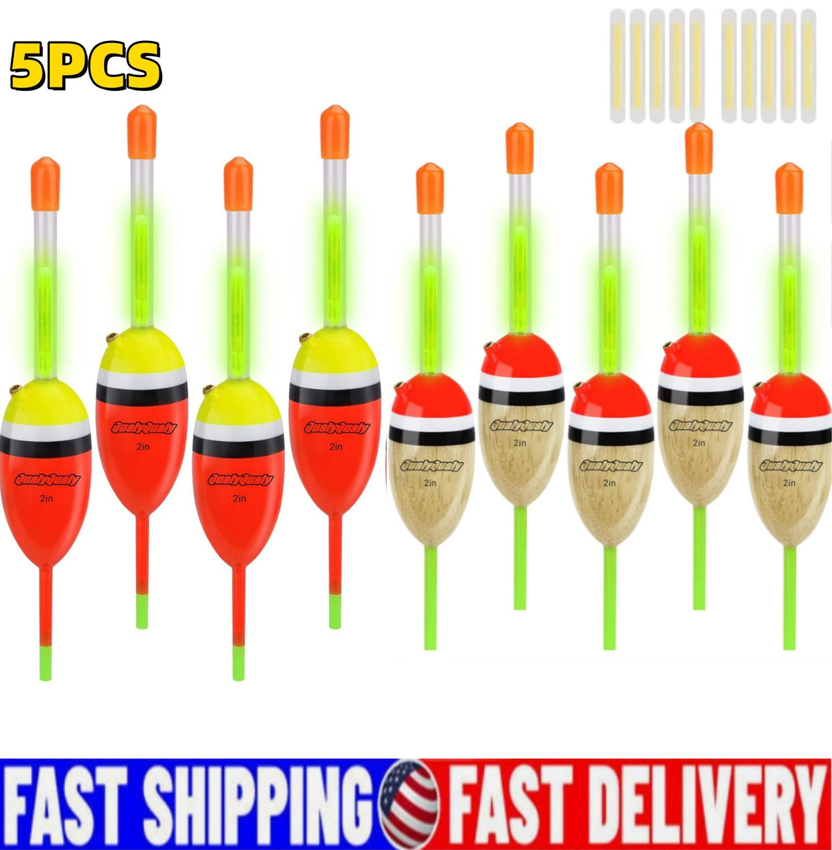 Lighted Fishing Floats Set with Glow Sticks for Night Fishing - 5 Pcs
