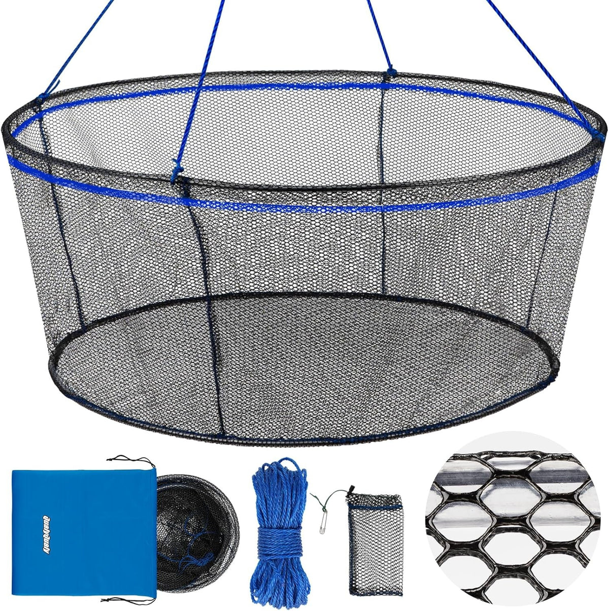 Foldable Heavy Duty Fishing Net with Rope - Rubber Coated Landing Net for Minnows