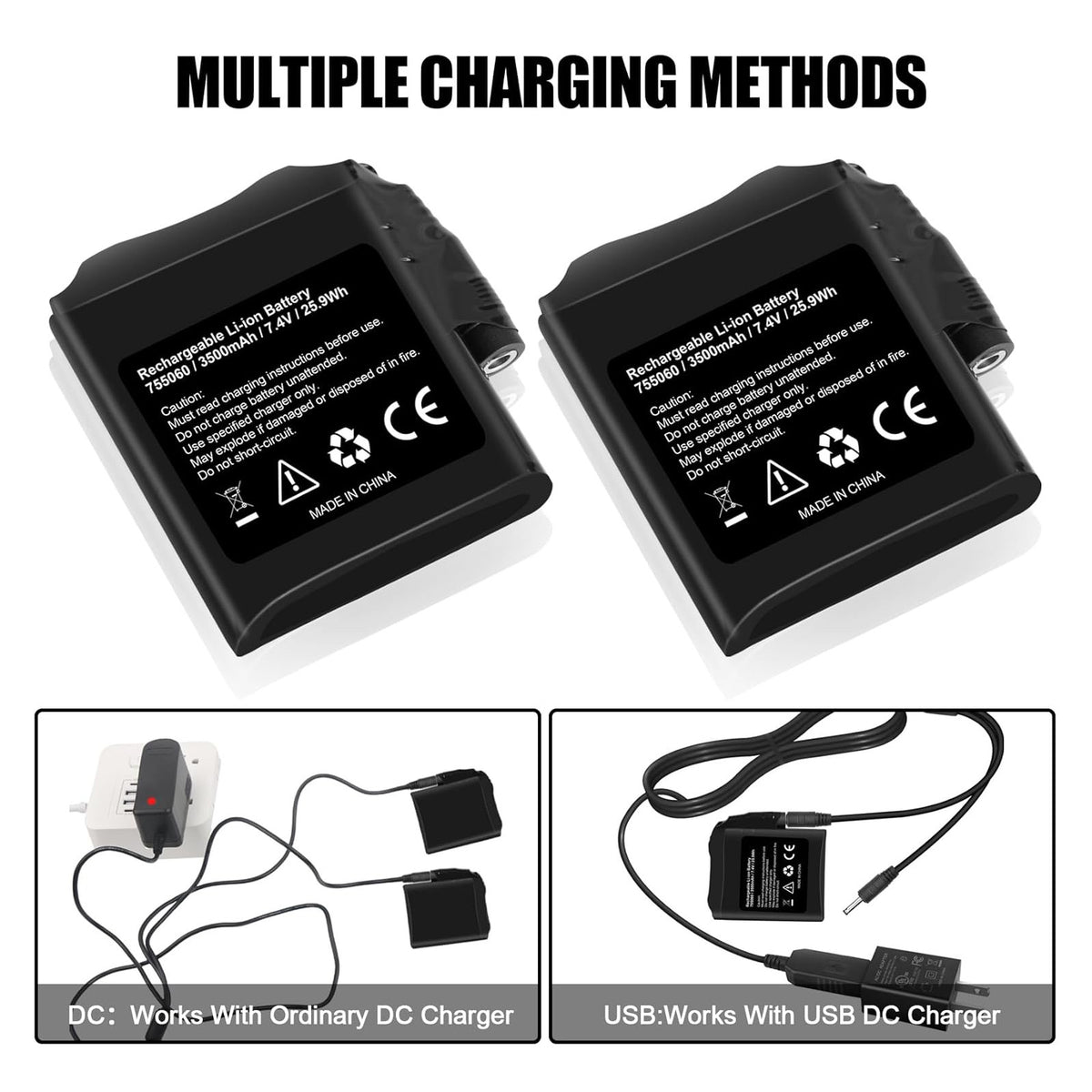 Rechargeable 7.4V 3500mAh Battery Pack for Heated Gloves and Socks - 2 Pack