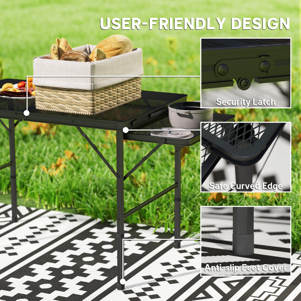Portable Camping Table with Folding Wings - 4.5 ft Adjustable Height Outdoor Dining