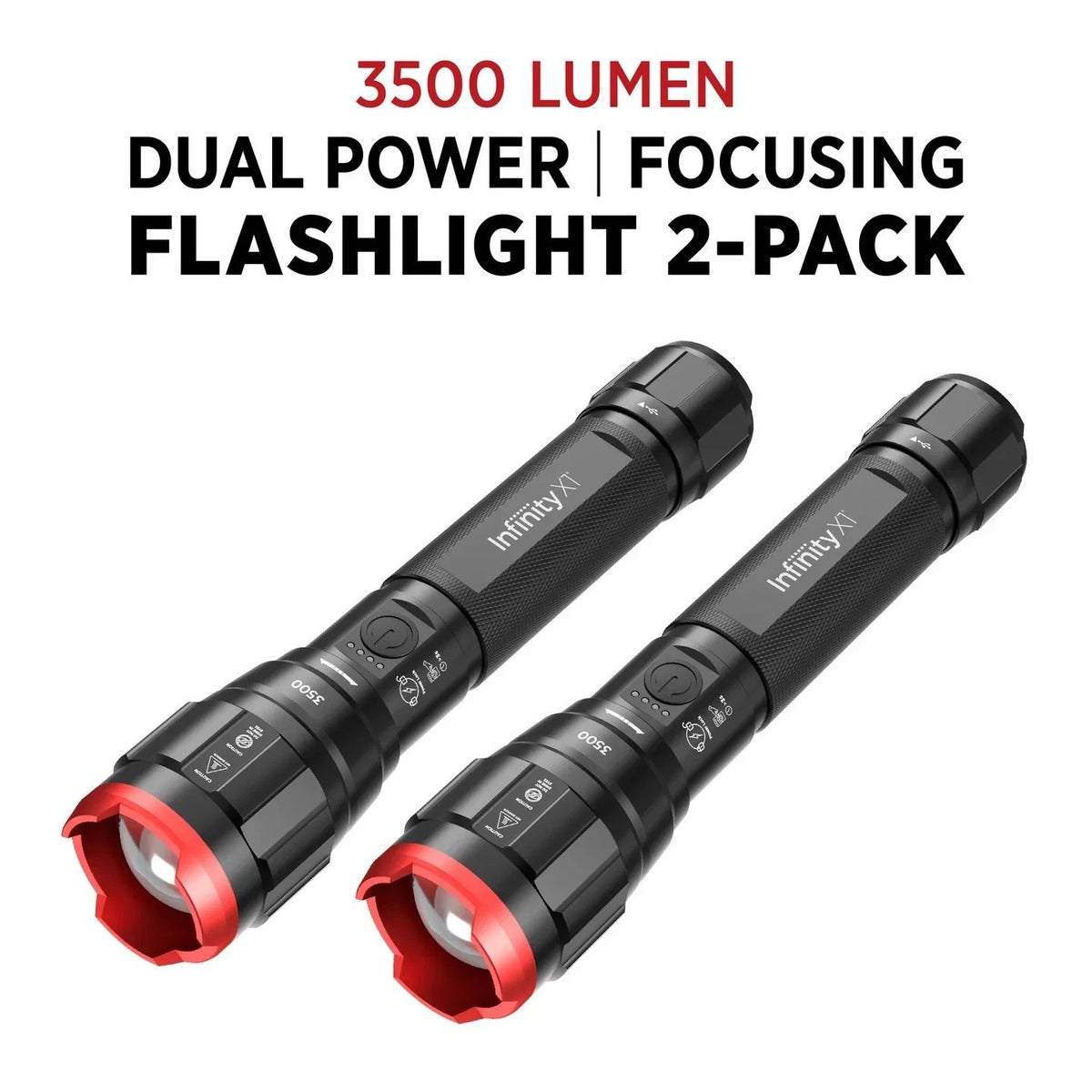 Dual Power 3500 Lumen Focusing Flashlight 2-Pack - Rechargeable Outdoor LED