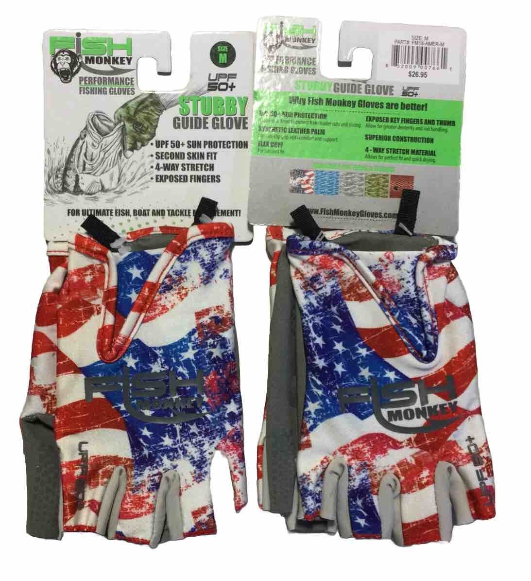 Fish Monkey Stubby Guide Fishing Gloves American Flag Medium UPF50+ 2-Pack