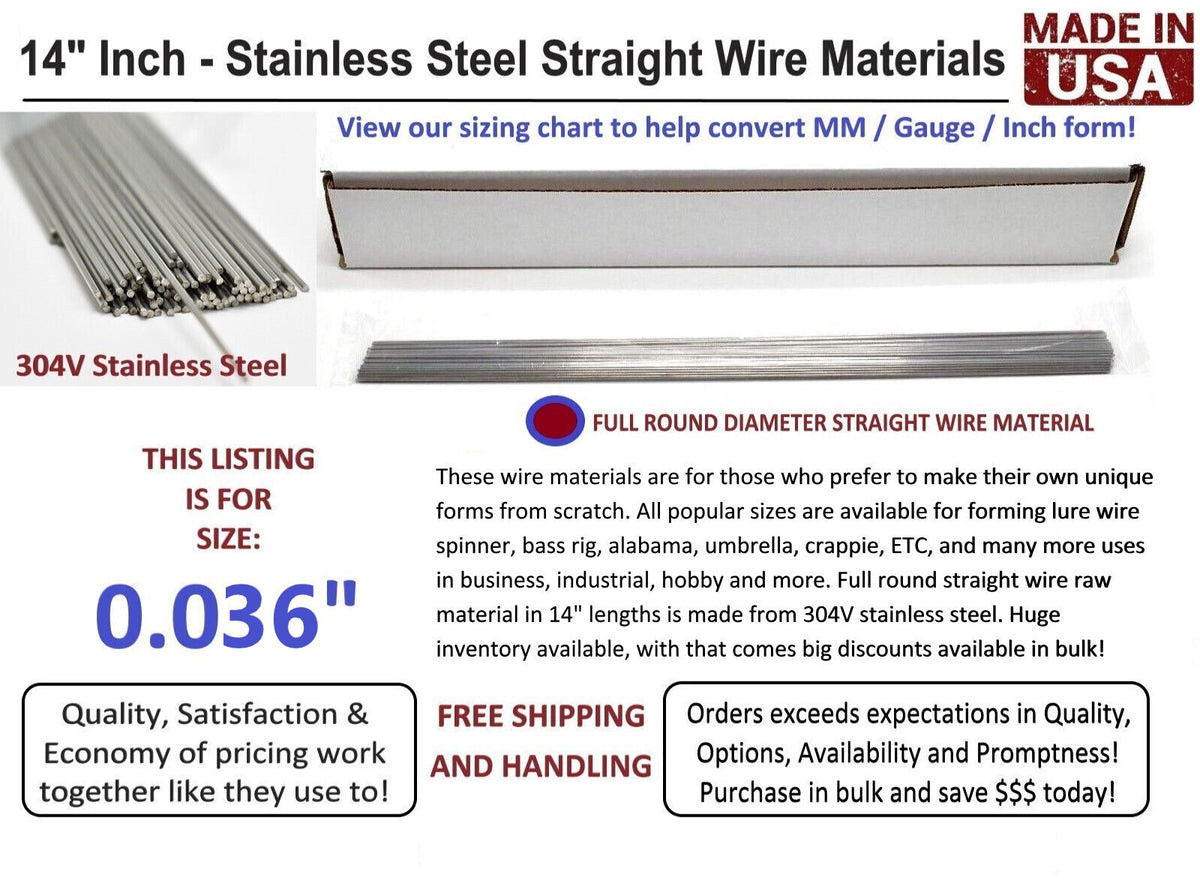 100 Stainless Steel Spinnerbait Rig Lure Shafts - .036" x 14" Straight Wire