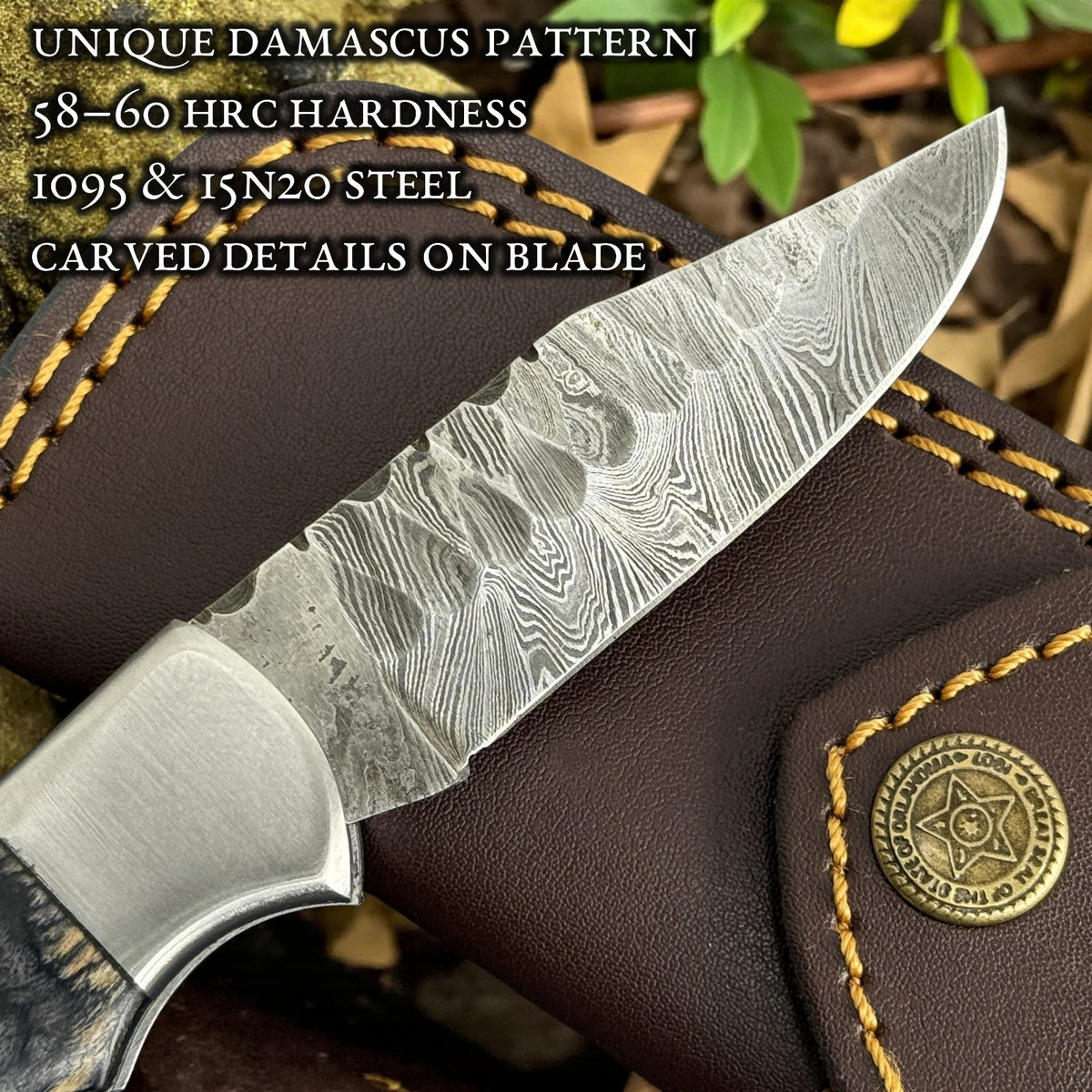 Handmade Damascus Folding Knife with Carved Pattern Blade and Wood Handle