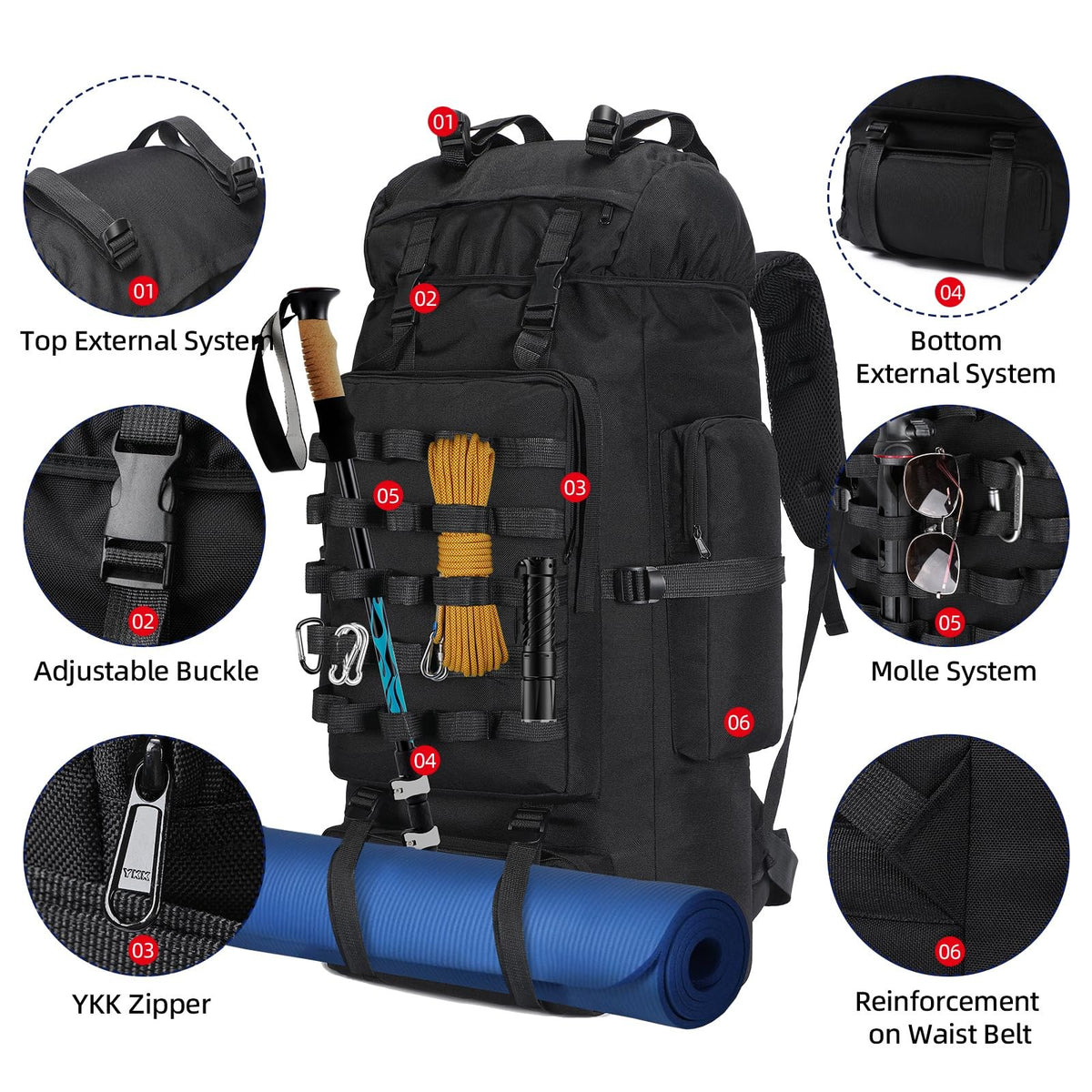 70L Waterproof Hiking Backpack with Rain Cover for Camping & Travel