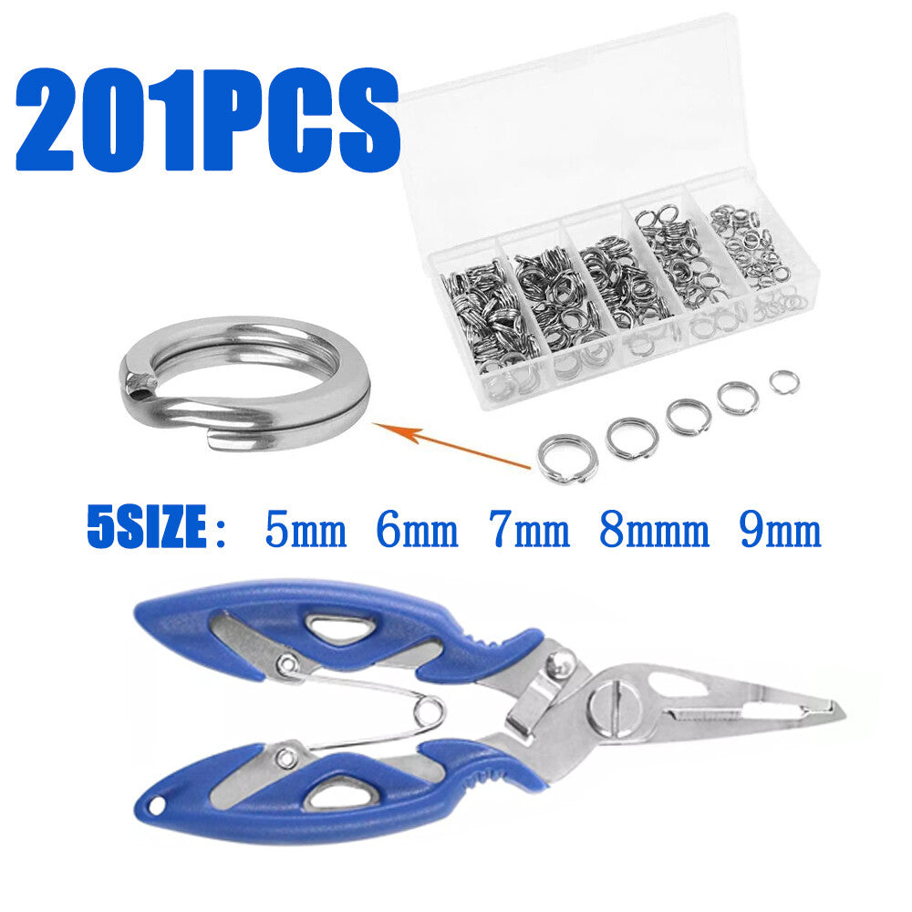 Stainless Steel Fishing Split Rings Set 5 Sizes for Lures & Connectors - 201 Pieces