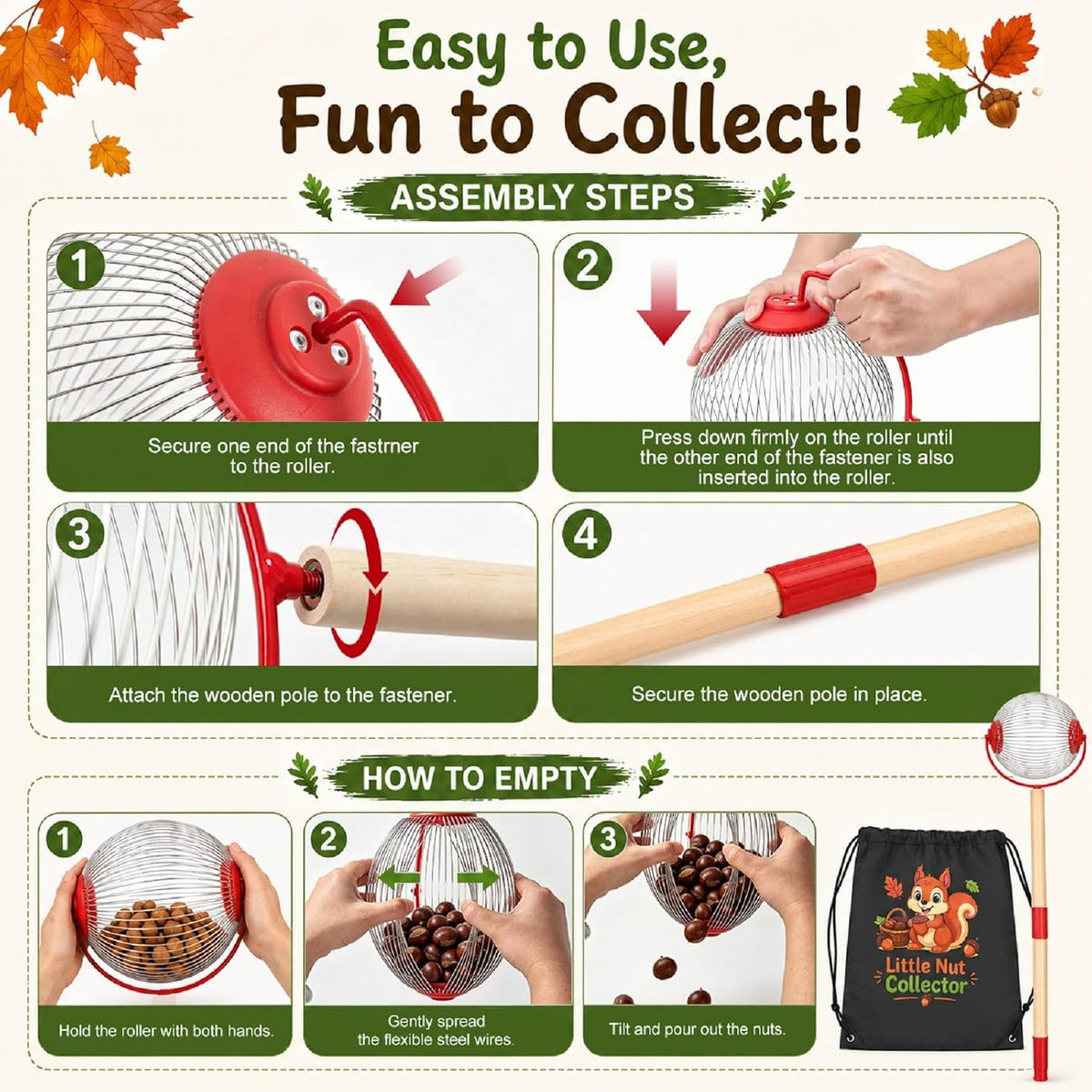 Kids Nut Gatherer Set - Acorn Picker Roller with Storage Bag for Fall Yard Cleanup