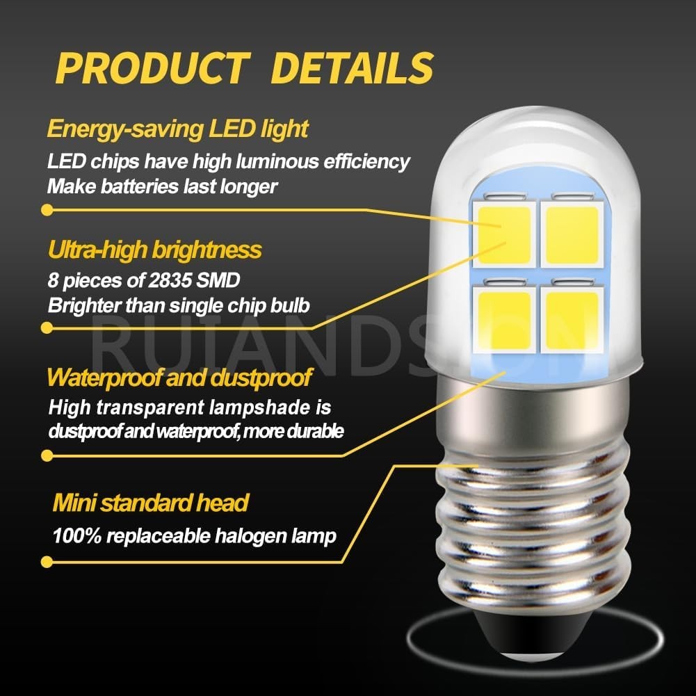 E10 LED Flashlight Bulb 240LM, 4-6V, 2 Pack for Camping & Bike Lights