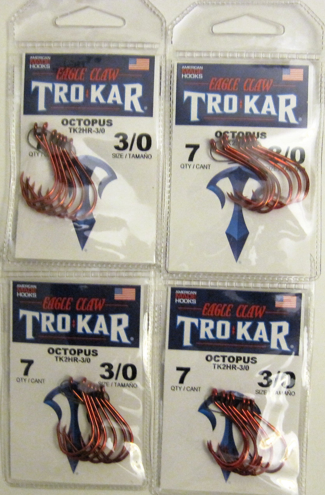 Fishing Hooks 4 Pack Trokar Red Octopus Hooks Size 2/0-4/0 - USA Made