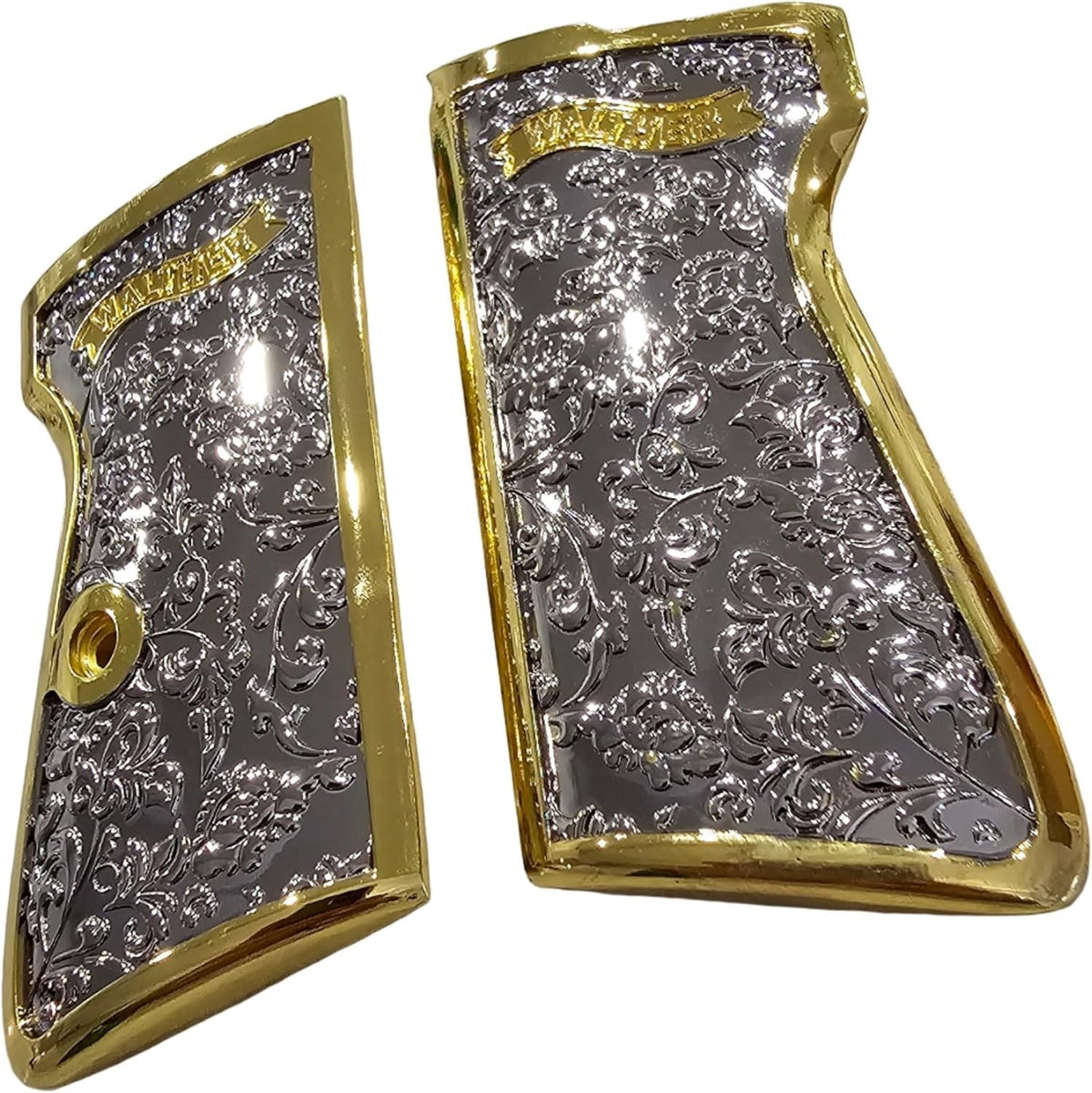 Custom Metal Pistol Grips for Walther PPK PPK-S Scroll Engraved Polished Nickel Gold Finish