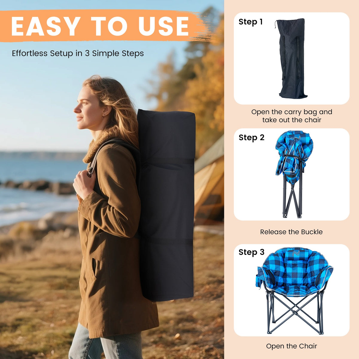 Oversized Heated Camping Chair with 3 Heat Levels - Foldable Outdoor Lounge Seat Support 500 lbs