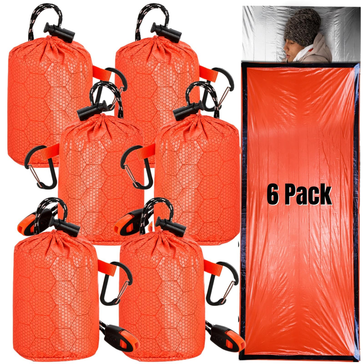 6 Pack Emergency Survival Sleeping Bags with Whistles - Thermal Bivy Sack Blanket