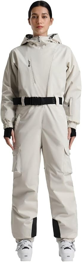 Women's One-Piece Ski Suit Waterproof Insulated Snowboarding Jumpsuit Large Off-White