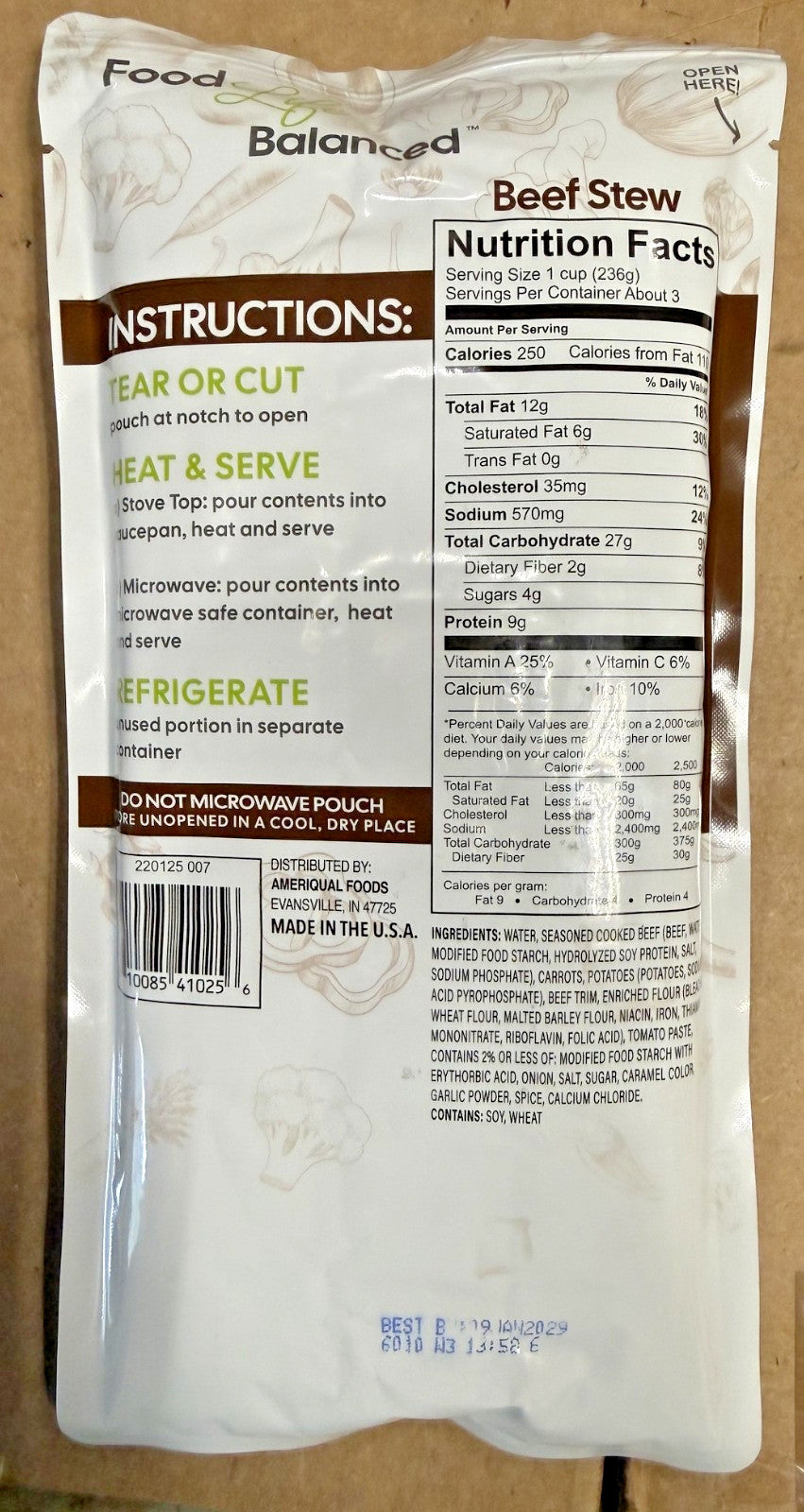 Ready-to-Eat Beef Stew 24oz - Gluten-Free, Balanced Meal, Long Shelf Life
