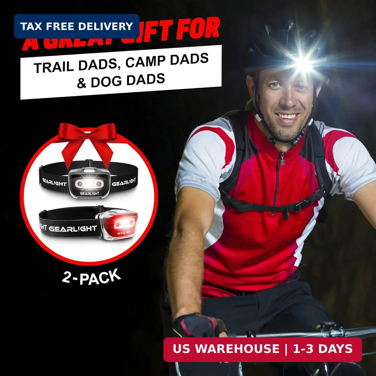 LED Headlamp 2-Pack Battery Powered with Red Light, Adjustable Tilt, Waterproof