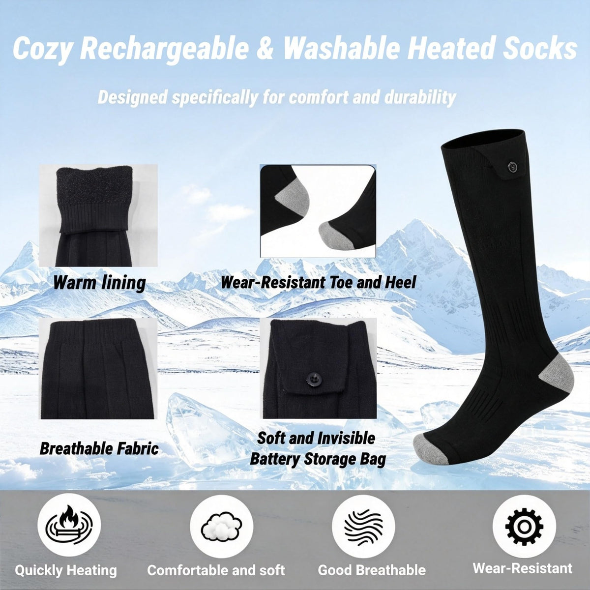 Rechargeable Heated Socks for Men & Women, 4 Heat Settings, Warm Feet