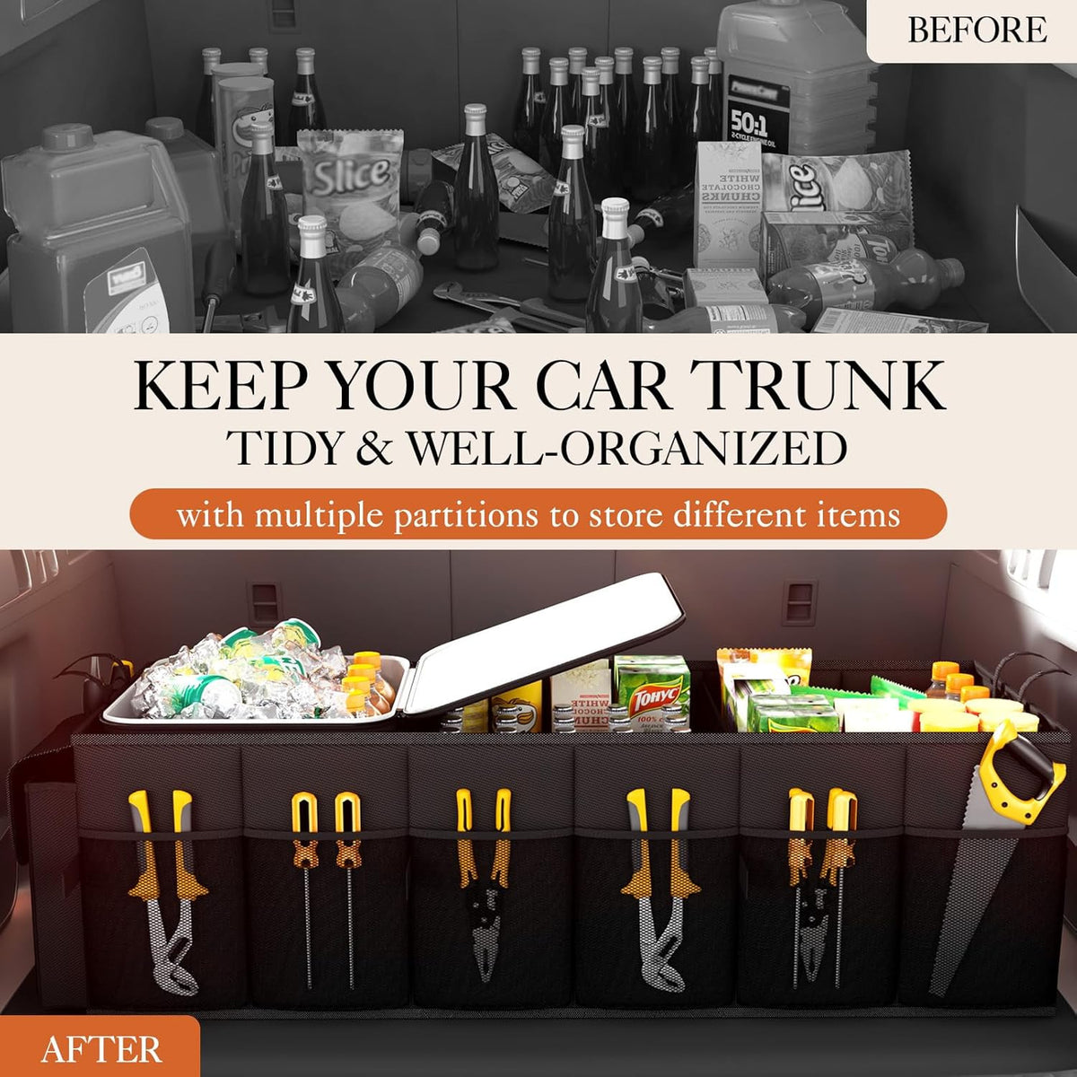 Car Trunk Organizer with Cooler, Foldable 3 Compartments, Heavy Duty Storage