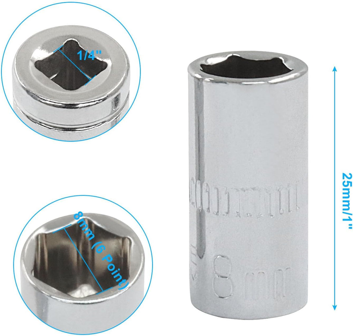 4-Piece 8mm Socket Set 1/4 Inch Drive Shallow & Deep Chrome Vanadium