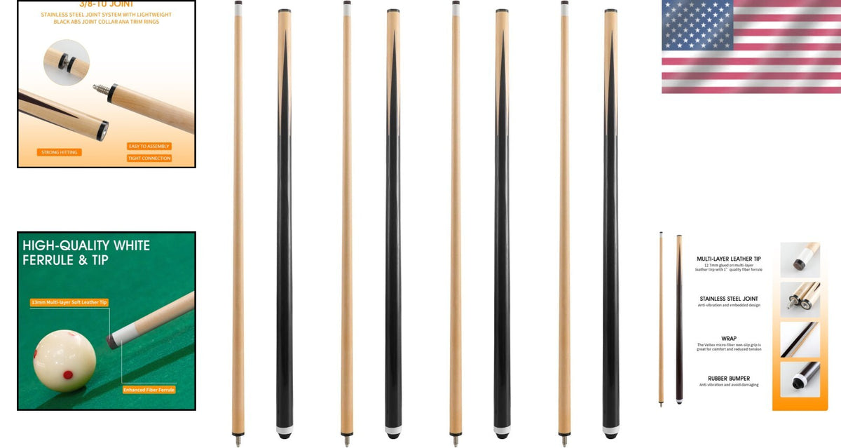 Set of 4 Billiard Cues with 13mm Leather Tips - Canadian Hardwood, 42"-58"