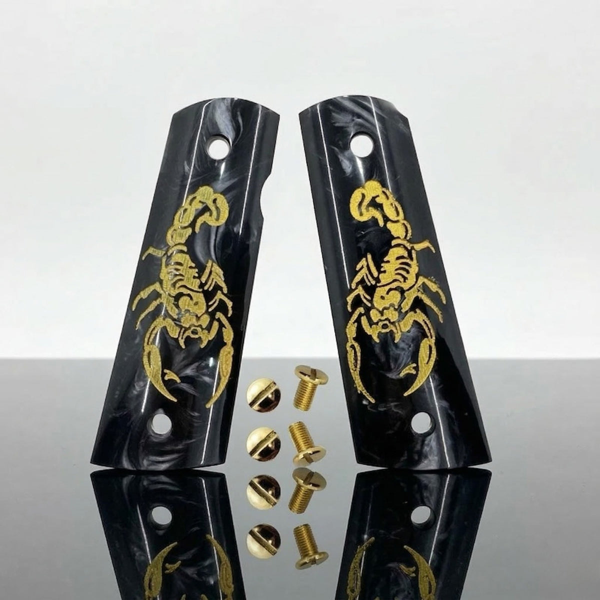 1911 Full Size Black Pearl Acrylic Gold Scorpion Grip Set with Gold Screws