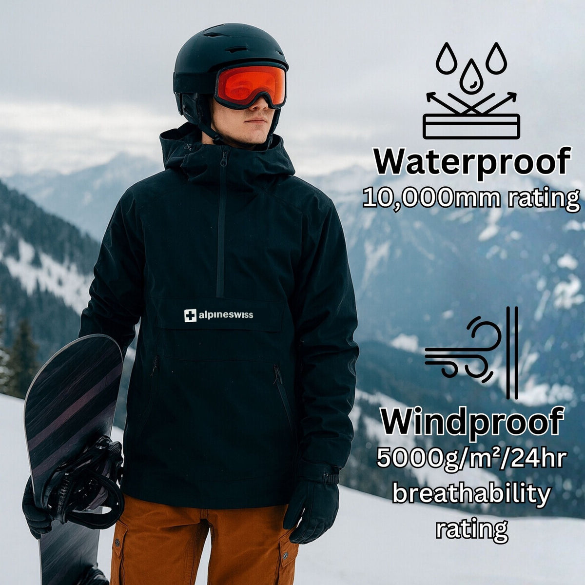 Waterproof Windproof Snowboard Jacket for Men - Alpine Swiss Anorak Shell