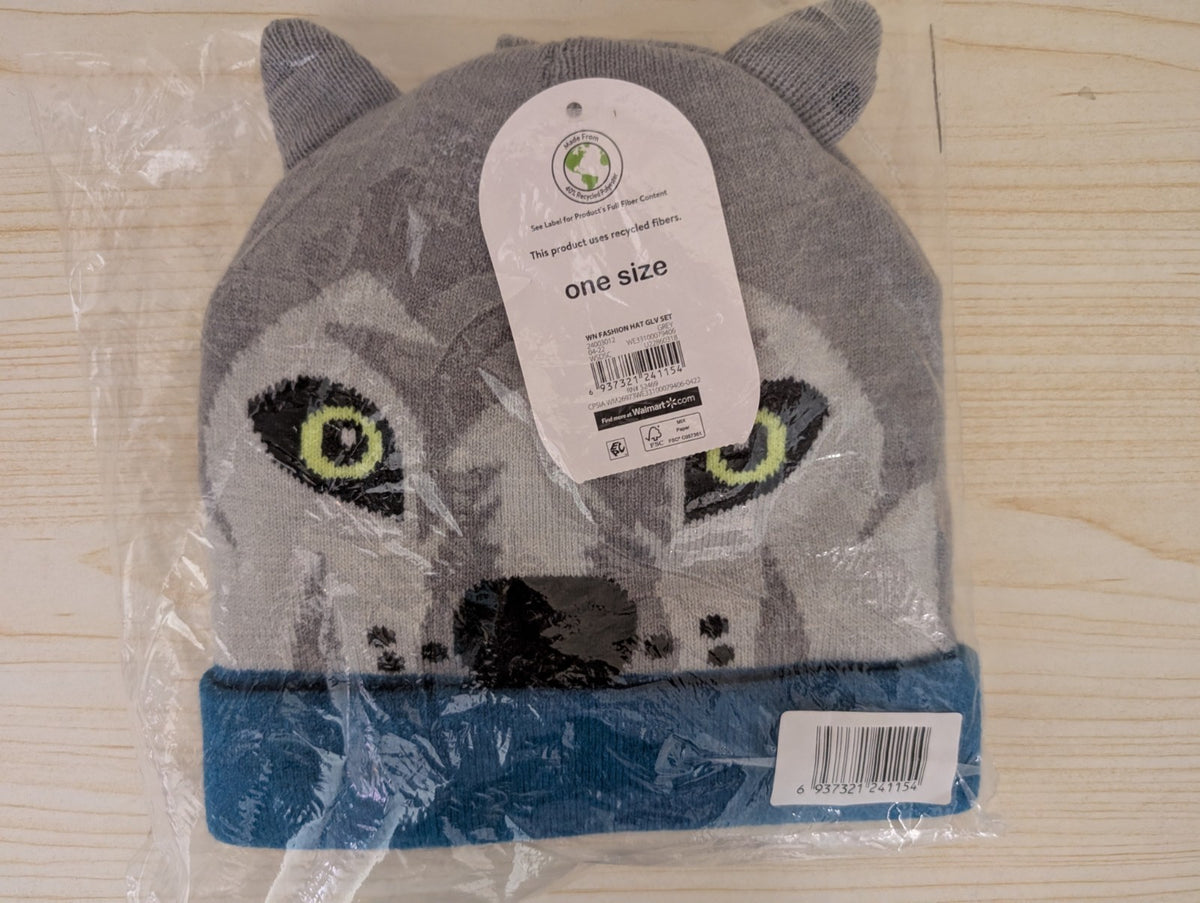 Winter Beanie Hat and Gloves Set for Boys - Wolf Knit Design, Grey Blue