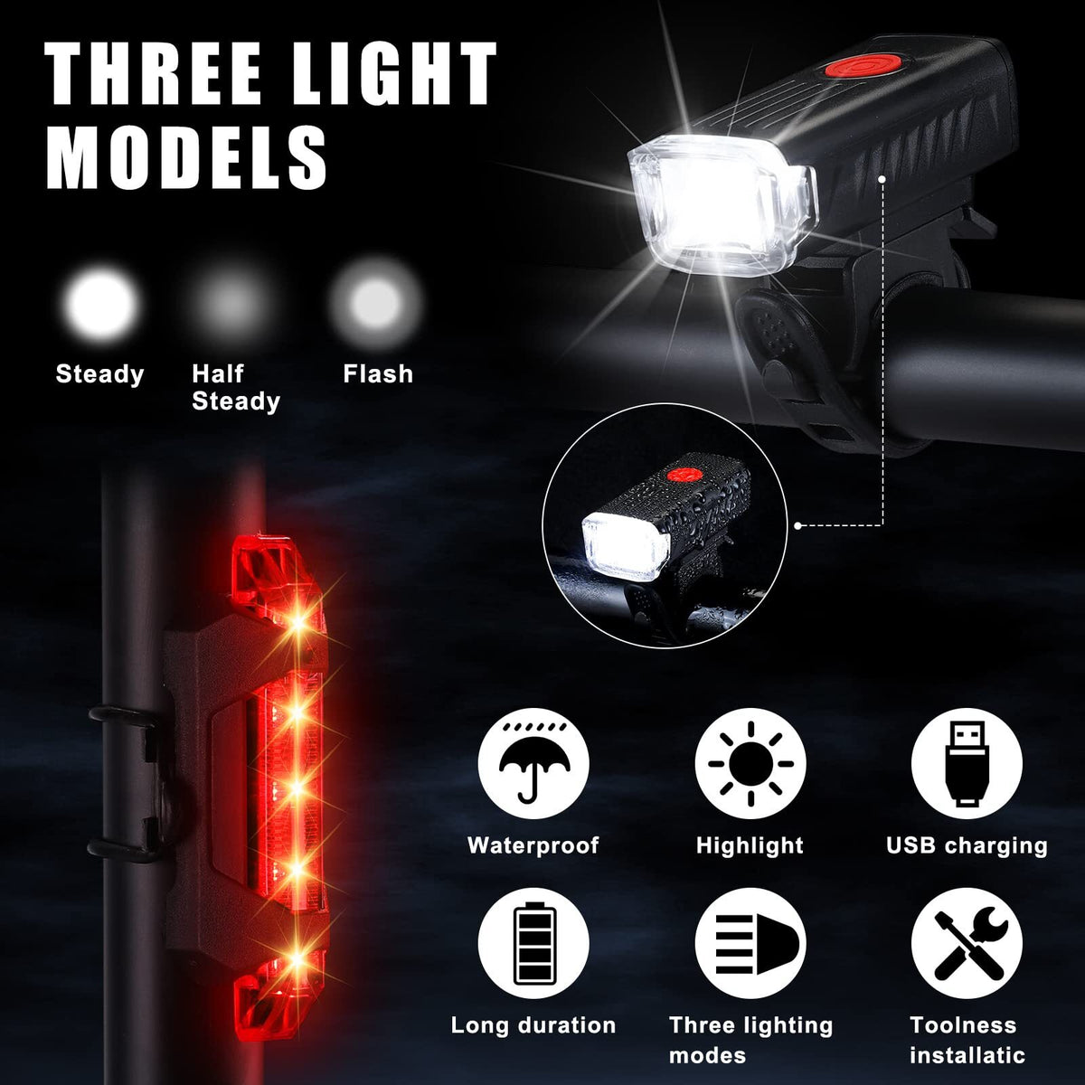 6 Sets Bicycle Front and Rear Lights Waterproof USB Rechargeable for Night Riding