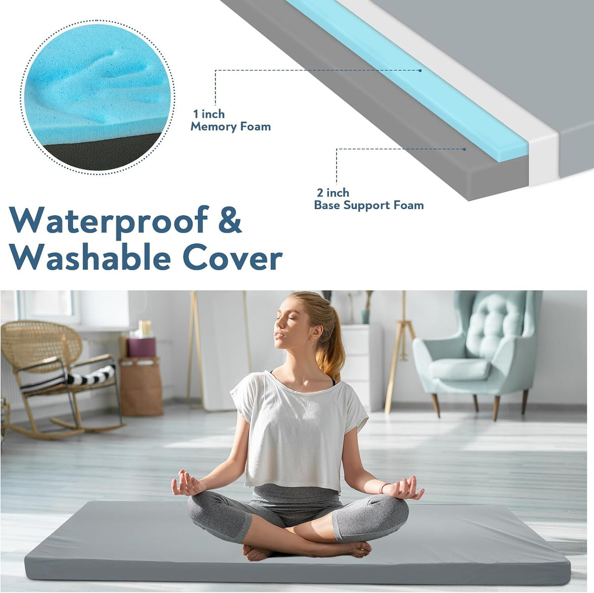 Memory Foam Camping Cot Pad with Waterproof Cover 72x24x3 Inch