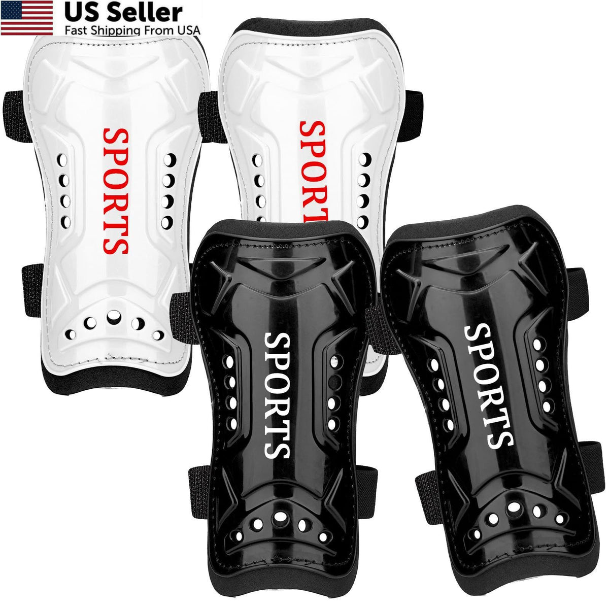 Youth Soccer Shin Guards with Shock Absorption Adjustable Fit - Black & White