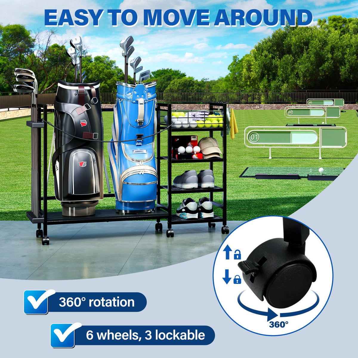 Golf Bag Storage Rack with Wheels - Organize Golf Clubs & Accessories