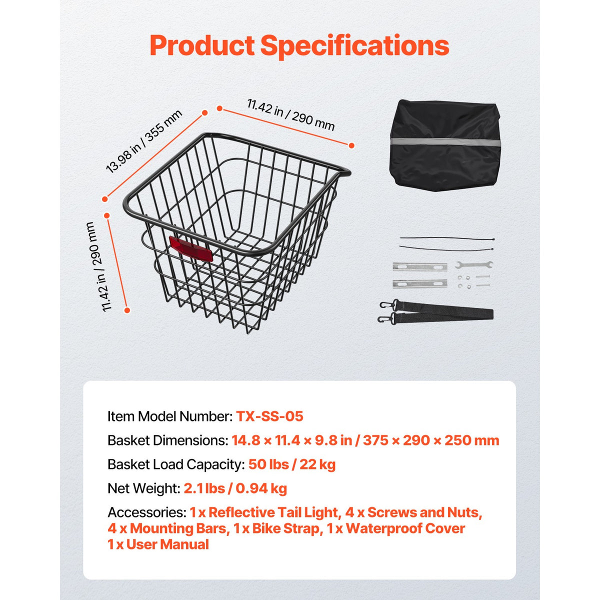 Rear Bicycle Basket with Reflective Light & Protective Cover - Heavy Duty Metal