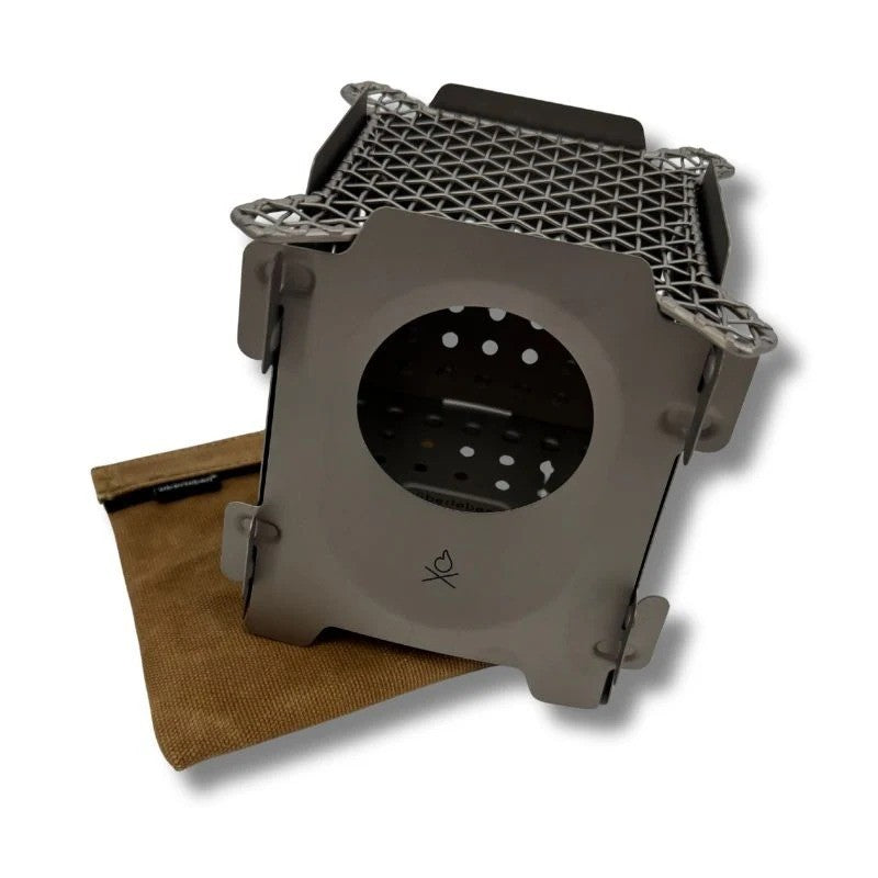 Ultralight Titanium Camping Stove with Flatpack Design and Cooking Grill