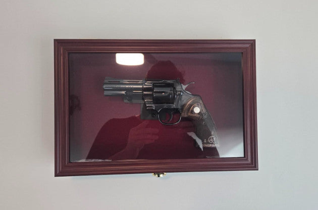 Wall Mount Lockable Handgun Display Case with UV Door and Wooden Frame