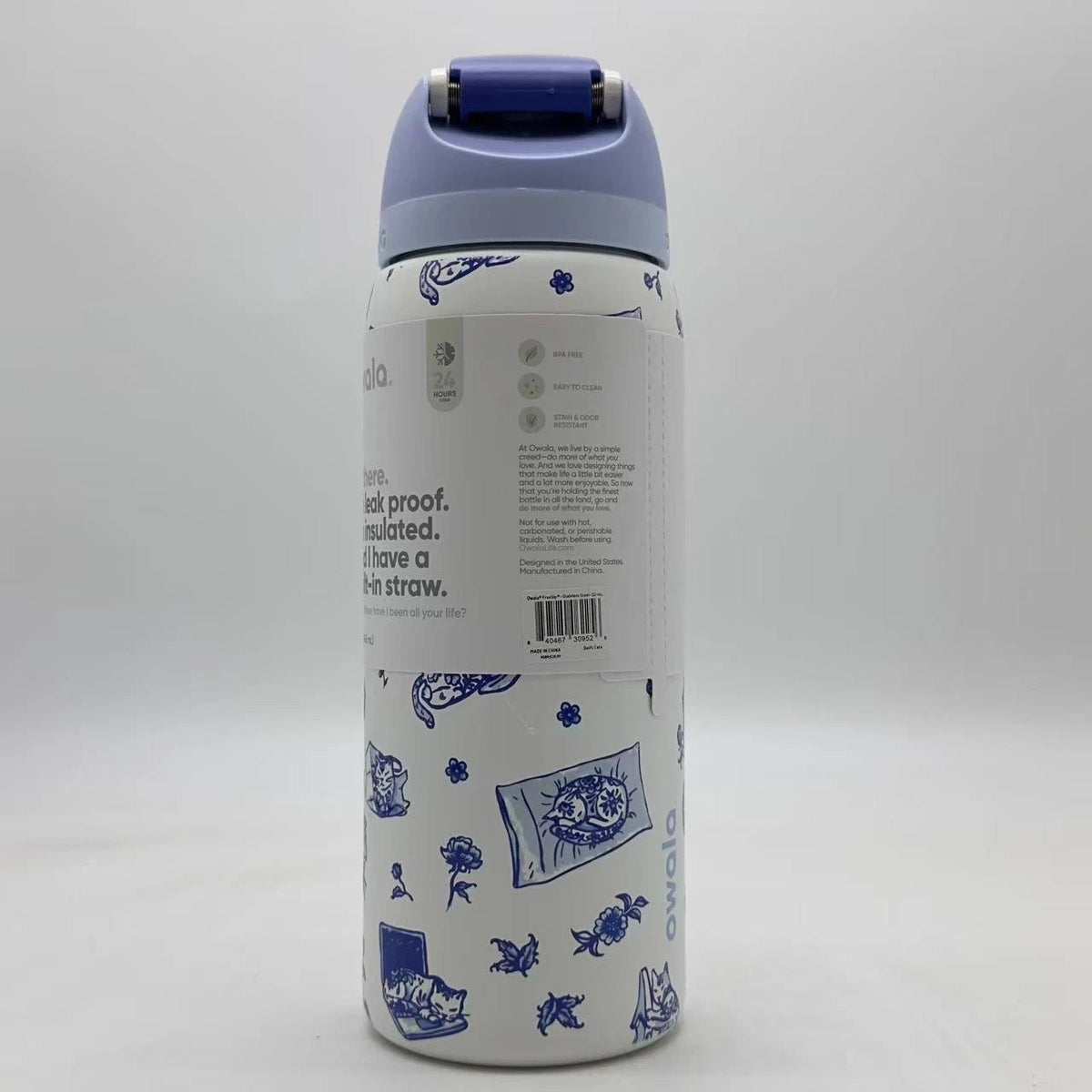 Insulated 32oz Water Bottle with Leak-Proof Lid and Built-in Straw - Limited Edition Delft Cats