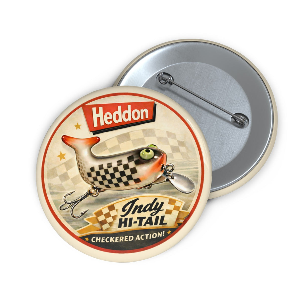 Fishing Lure Pinback Button Checkered Flag Vintage Style Badge