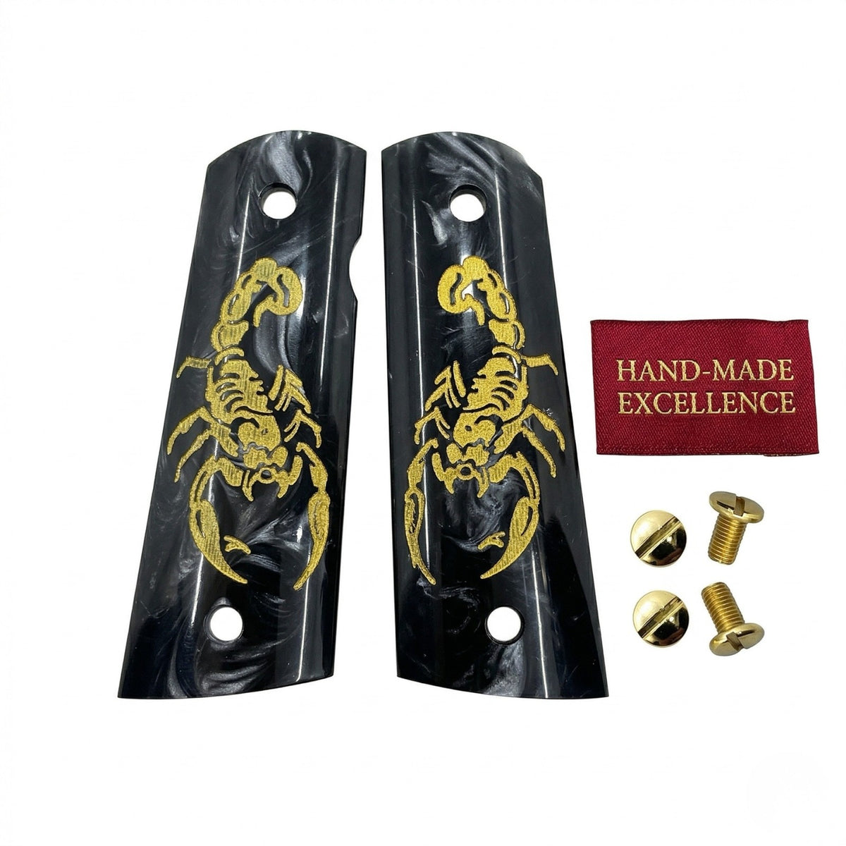 1911 Full Size Black Pearl Acrylic Gold Scorpion Grip Set with Gold Screws