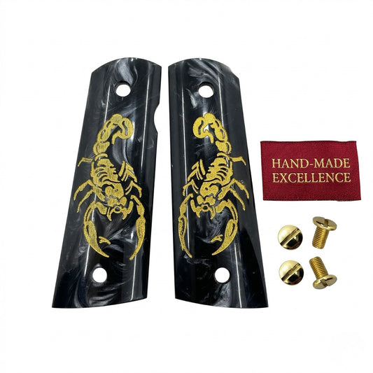 1911 Full Size Black Pearl Acrylic Gold Scorpion Grip Set with Gold Screws