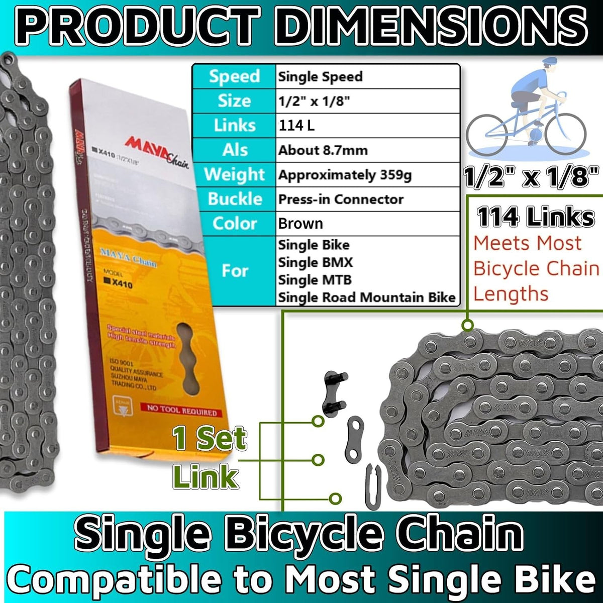 Single Speed Bike Chain 114 Links 1/2 x 1/8 for BMX MTB Road Bikes