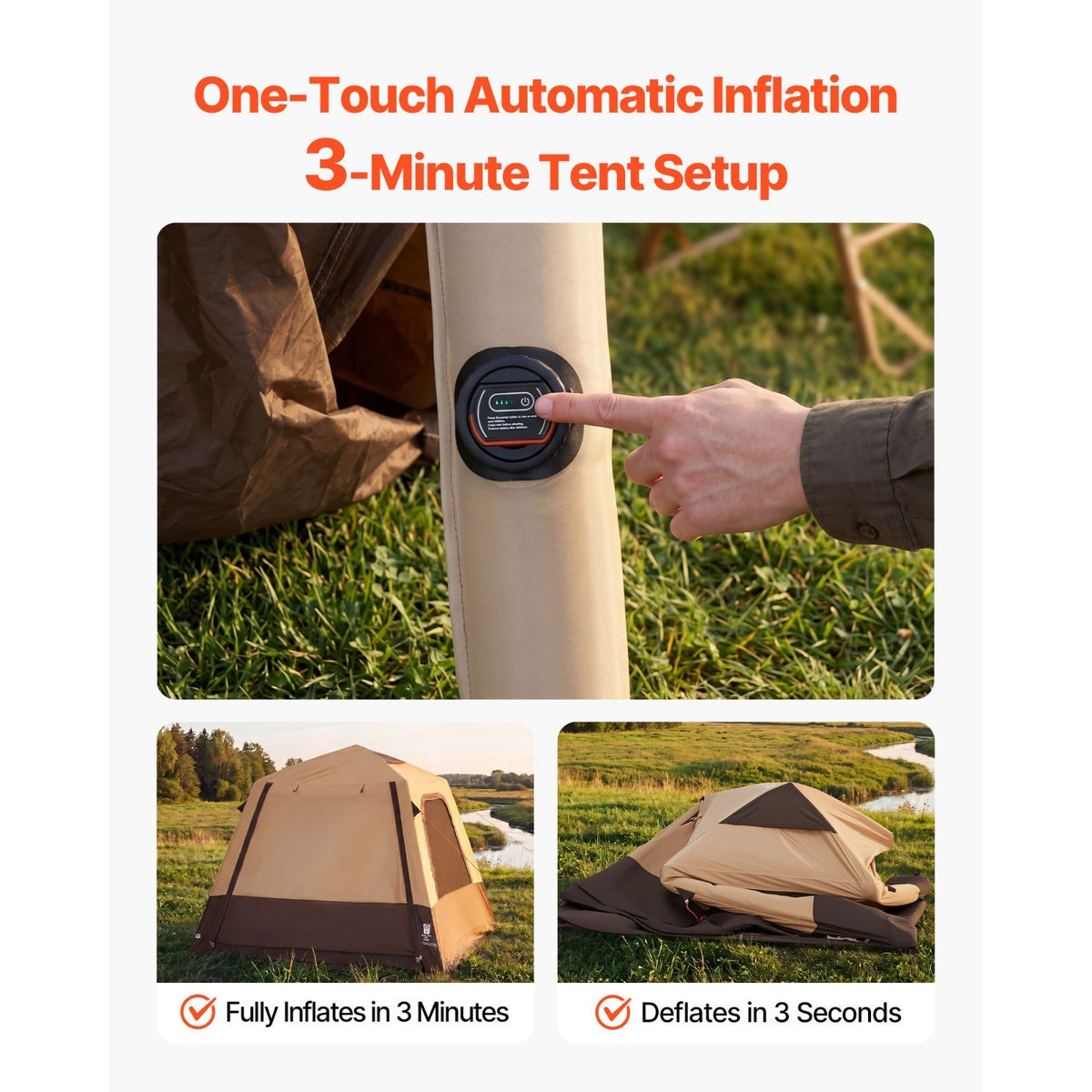 Inflatable Camping Tent with Rechargeable Pump for 4 People - Easy Setup, Durable Sun Protection